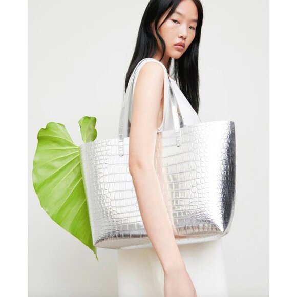 Mansur Gavriel Large Metallic Croc Tote Silver Womens Size OS - Picture 1 of 15